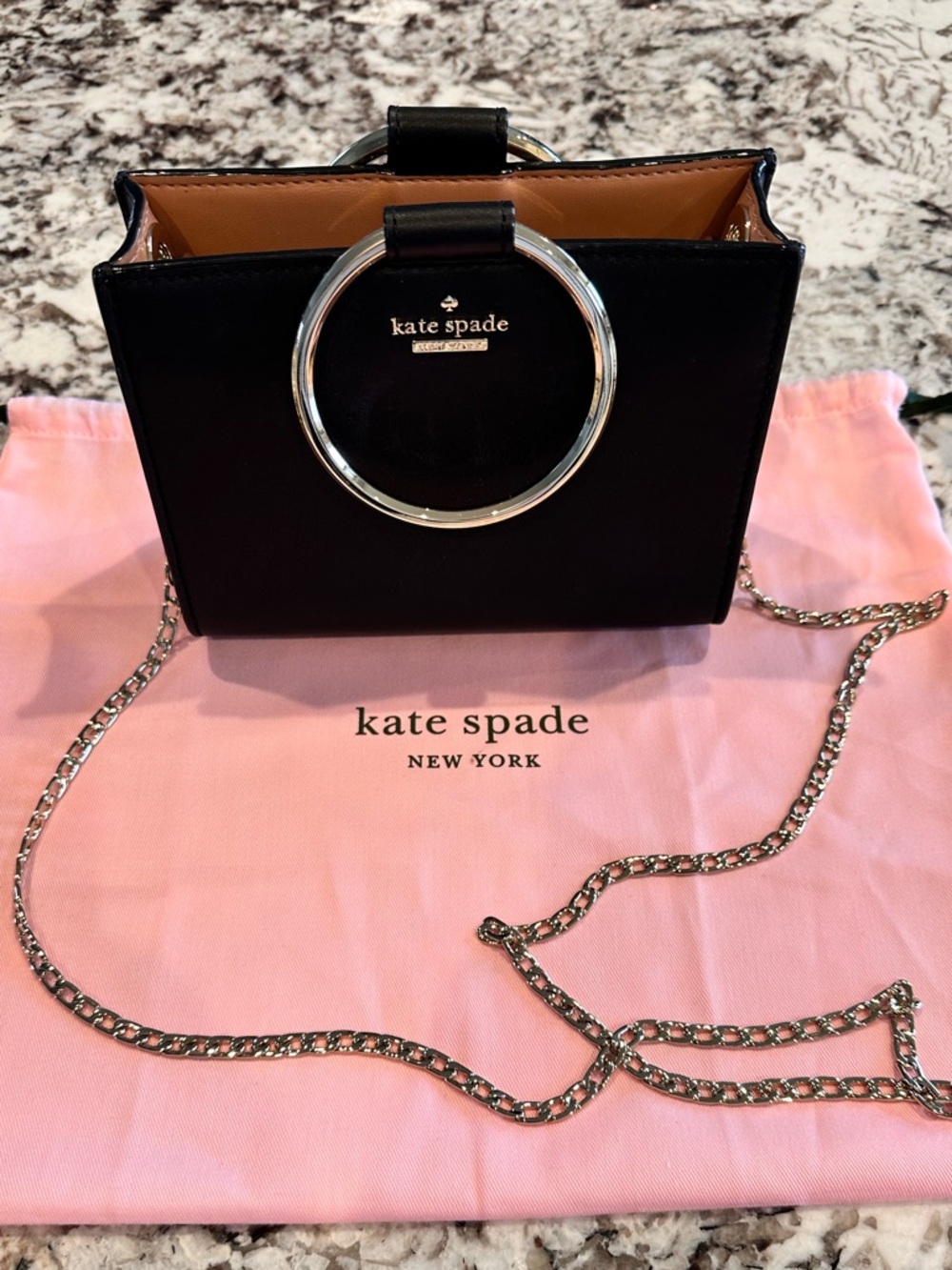 Kate Black Leather Evening Bag w/ Gold Metal Accents